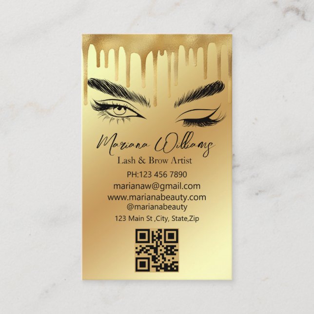 lash und braun Künstler qr Code Goldtropfen Visitenkarte (Vorderseite)