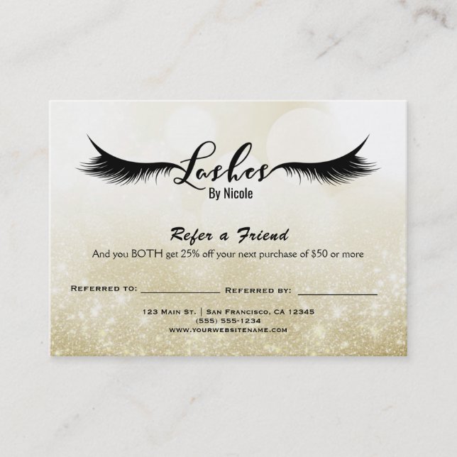 Lashes a Friend Aftercare Instructions Gold Empfehlungskarte (Vorderseite)