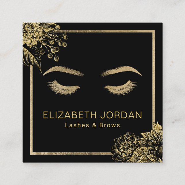 Lashes Brows Beauty Salon Black & Gold Botanic Quadratische Visitenkarte (Vorderseite)