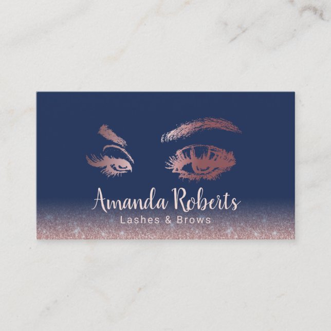 Lashes Brows Makeup Artist Rose Gold Glitter Navy Visitenkarte (Vorderseite)