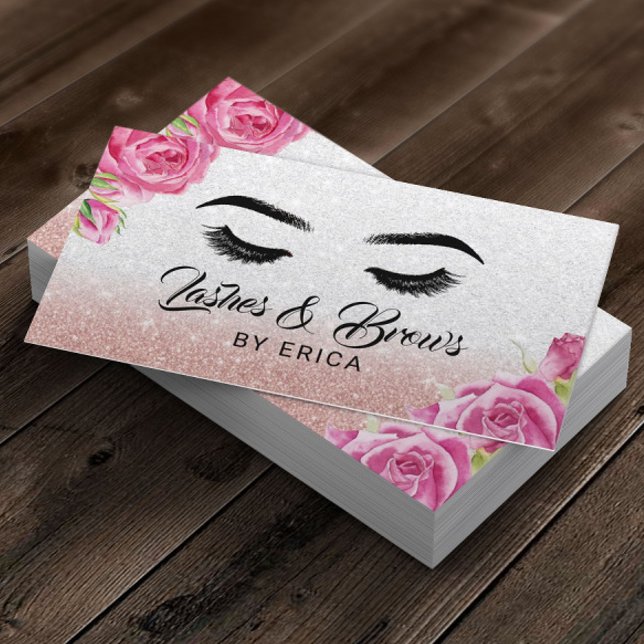 Lashes & brows Makeup Artist Silver Glitzer Floral Visitenkarte (Von Creator hochgeladen)