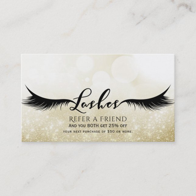 Lashes Eyelashes Erweiterungen Gold Empfehlen Empfehlungskarte (Vorderseite)