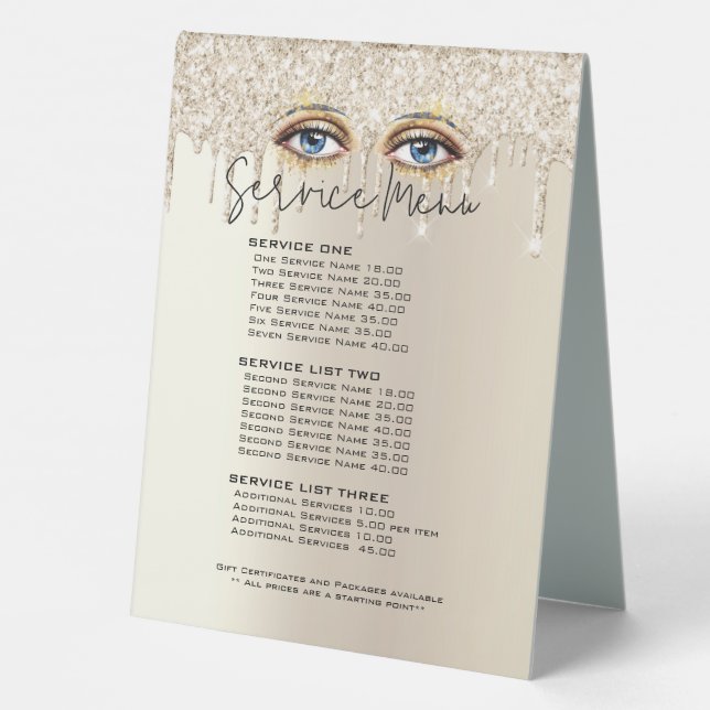 Lashes Glam Champagne Driving Glitzer Price List Tischaufsteller (Rückseite)