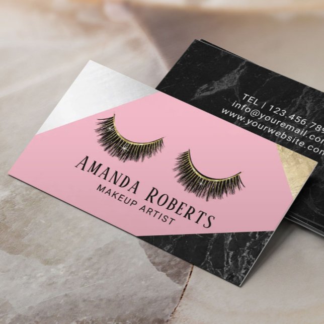Lashes Makeup Artist Marble Silver Gold Pink Visitenkarte (Von Creator hochgeladen)