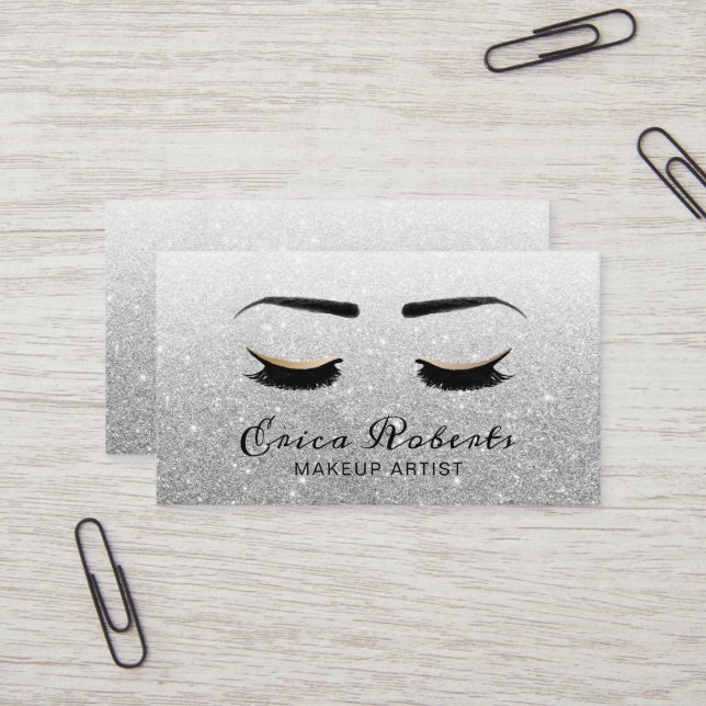 Lashes Makeup Artist Moderner Silver Glitzer Visitenkarte (Vorderseite/Rückseite Beispiel)