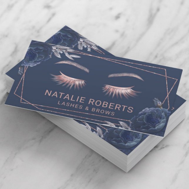 Lashes Makeup Artist Navy Floral Geometric Salon Visitenkarte (Von Creator hochgeladen)