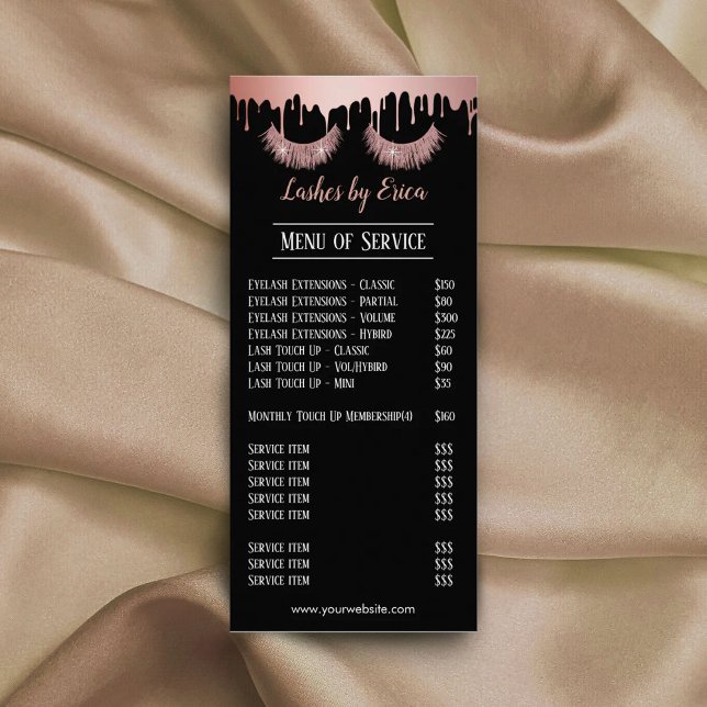 Lashes Makeup Artist Rose Gold Drilling Price List Werbekarte (Von Creator hochgeladen)