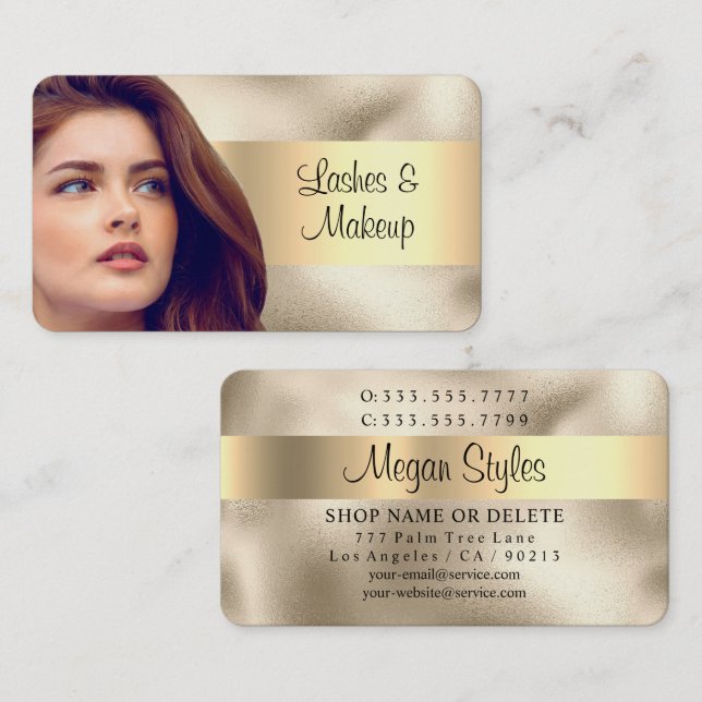 Lashes & Makeup Salon, Ihr Foto, Gold auf Gold Visitenkarte (Vorne/Hinten)