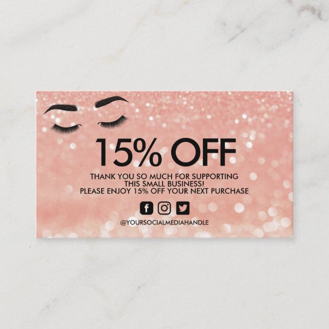 Lashes Pink Glitzer Discount Vielen Dank Visitenkarte (Vorderseite)