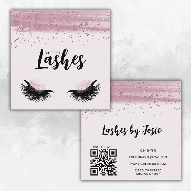 Lashes Pink Glitzer Moderner QR Code Quadratische Visitenkarte (Fully customizable, your business name or logo can be added to front.)