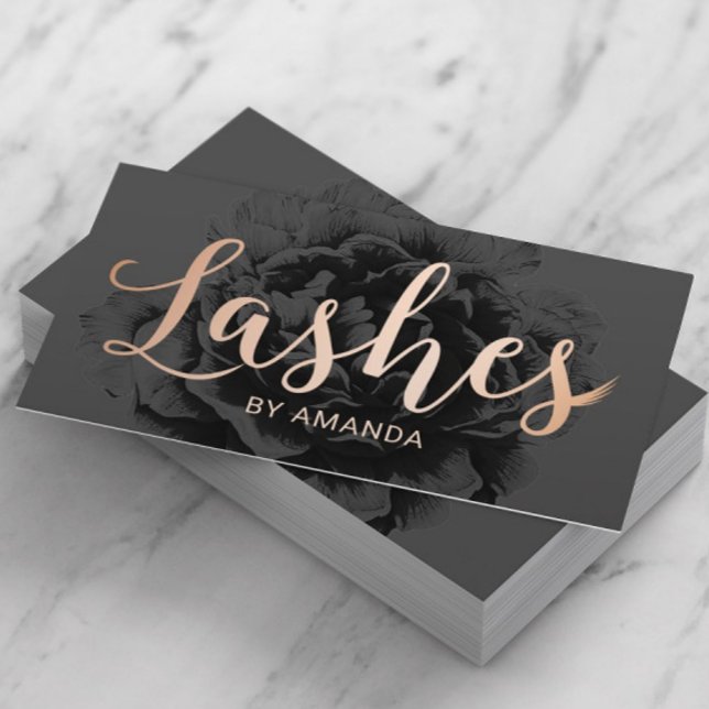 Lashes Rose Gold Typografie Elegante Schwarze Flor Visitenkarte (Von Creator hochgeladen)