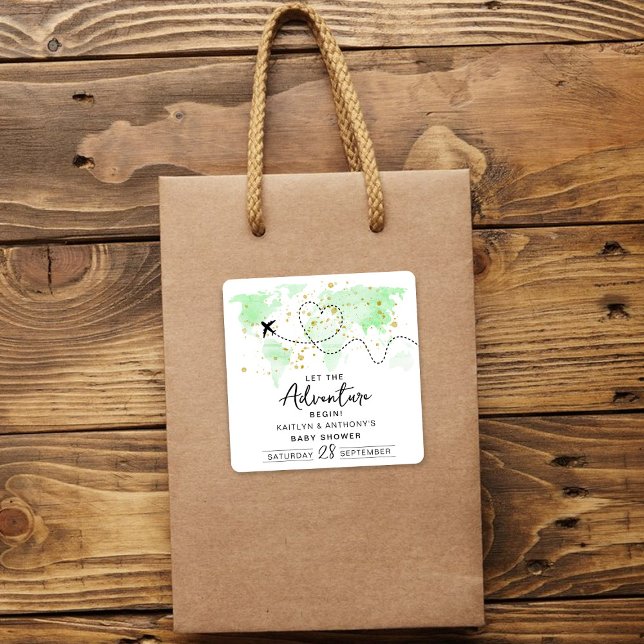 "Lass das Abenteuer an!" Reisekarte Kinderdusche Quadratischer Aufkleber (Von Creator hochgeladen)