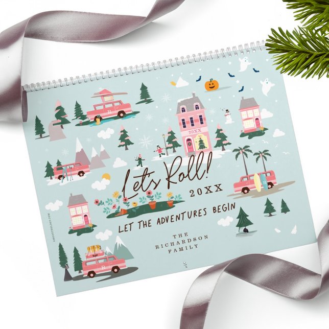 Lass das Abenteuer beginnt Chic Pink Retro Van Fam Kalender (Let The Adventure Begin Chic Pink Retro Van Family Calendar)