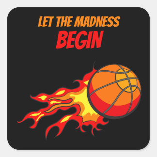 Lass den Wahnsinn Begin, fliegender Basketball Bla Quadratischer Aufkleber