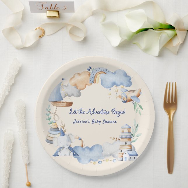 Lass der Adventure Begin Boy Baby Toy Baby Shower Pappteller (Hochzeit)