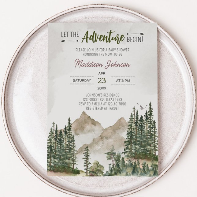 Lass der Adventure Begin Mountain Baby Dusche Einladung (Woodland Mountain Baby Shower Invitation)