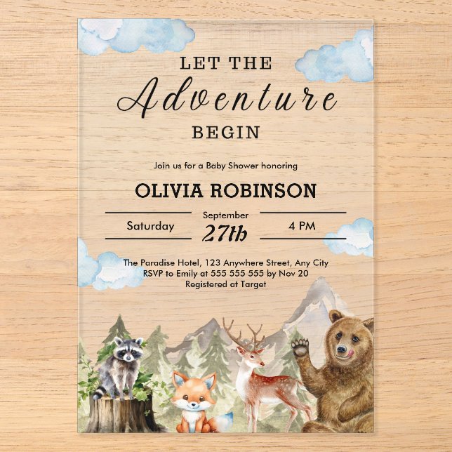 Lass der Adventure Begin Mountain Boy Baby Shower Acryleinladungen (Vorderseite)