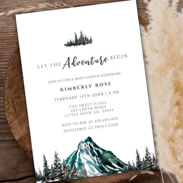 Lass der Adventure Begin Mountain Pine Baby Dusche Einladung (Let The Adventure Begin Mountain Pine Baby Shower Invitation)