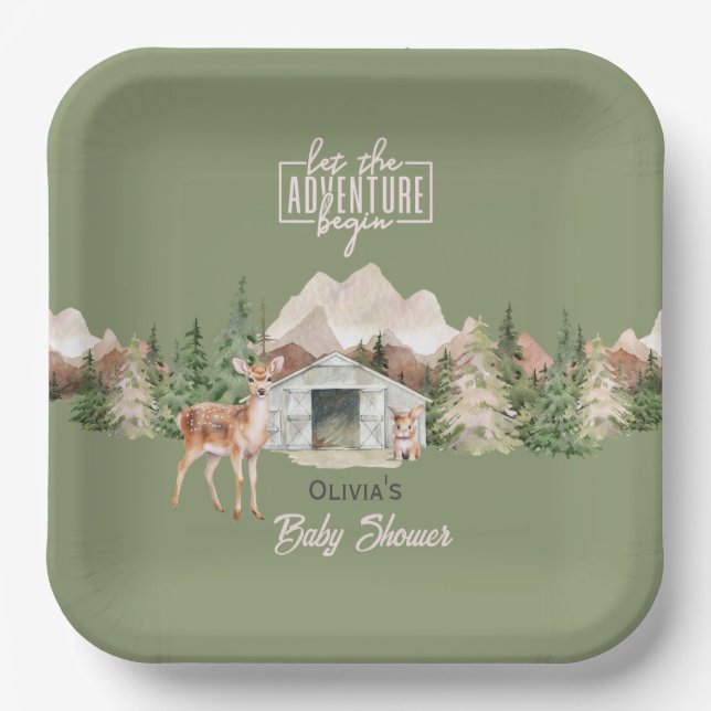 Lass der Adventure Begin Mountain Sage Baby Dusche Pappteller (Vorderseite)