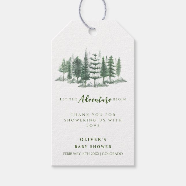 Lass der Adventure Begin Rustic Forest Baby Shower Geschenkanhänger (Vorderseite)