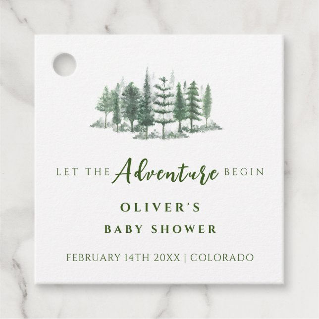 Lass der Adventure Begin Rustic Forest Baby Shower Geschenkanhänger (Vorderseite)