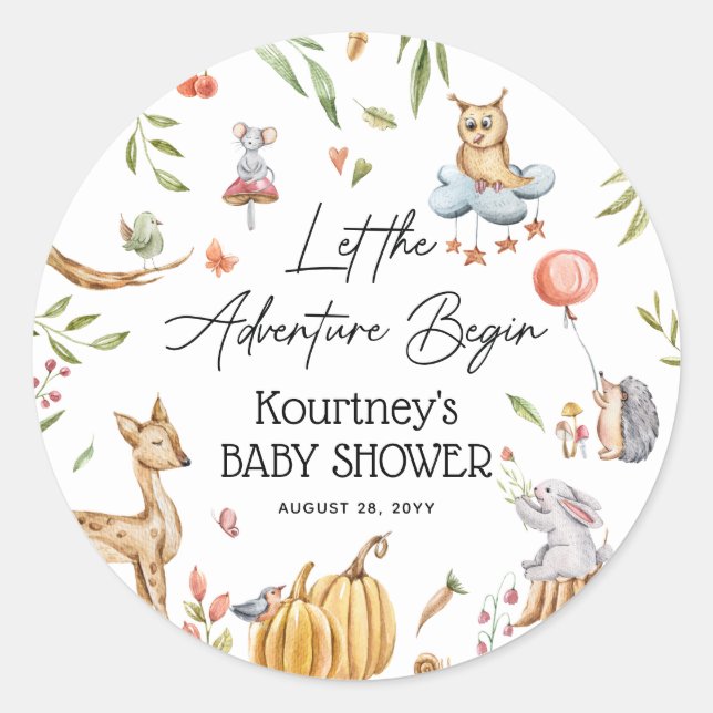 Lass der Adventure Begin' Woodland Baby Dusche Runder Aufkleber (Vorderseite)