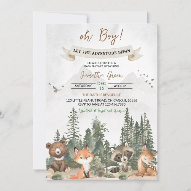 Lass der Adventure Begin Woodland Baby Shower Einladung (Vorderseite)