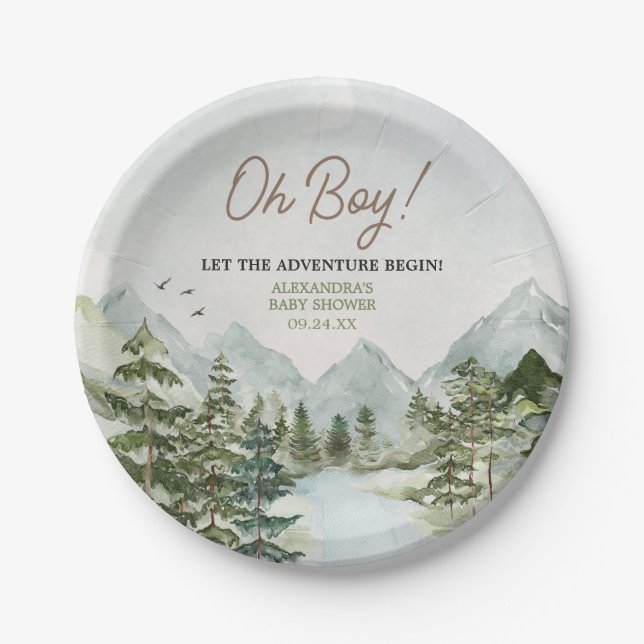 Lass der Adventure Begin Woodland Baby Shower Pappteller (Vorderseite)