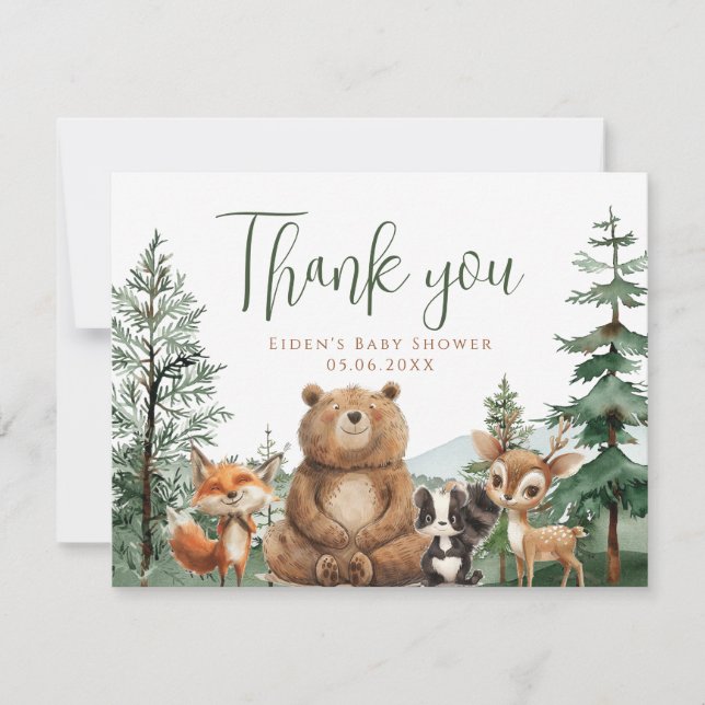 Lass der Adventure Begin Woodland Boy Baby Shower Dankeskarte (Vorderseite)