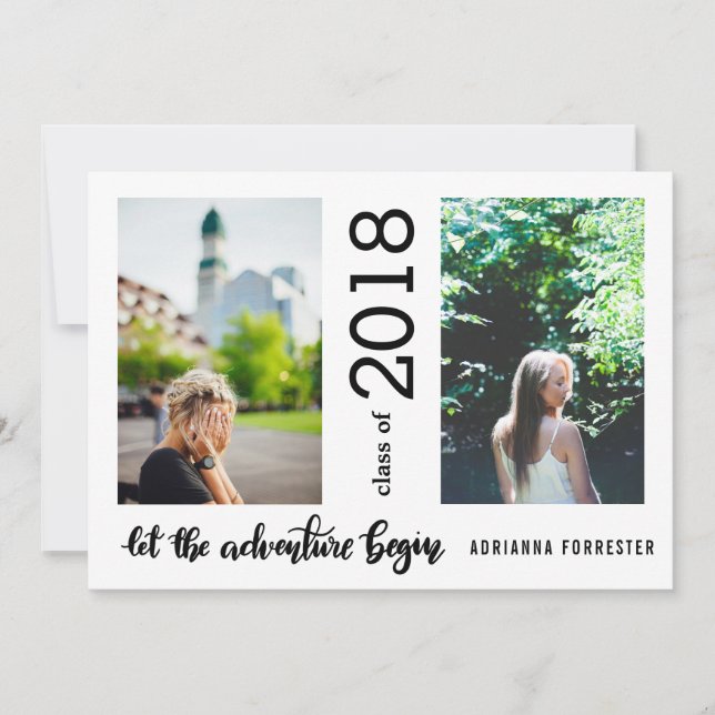 Lass des Abenteuers Begin Graduate Zwei Foto Einladung (Vorderseite)