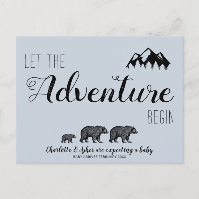 Lass des Abenteuers Begin Woodland Bears Schwanger Ankündigungspostkarte (Vorderseite)