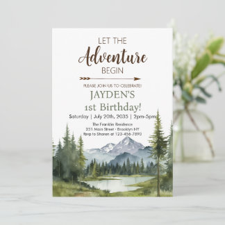 Lass des Adventure Begin Forest Rustic 1. Geburtst Einladung