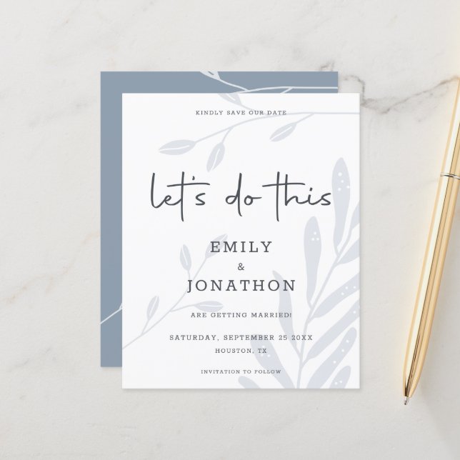 Lass dieses Leaf Dusty Blue Save the Date (Vorderseite/Rückseite Beispiel)