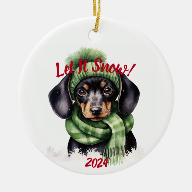Lass es Dackel schnee: Aquarell Keramik Ornament (Vorne)