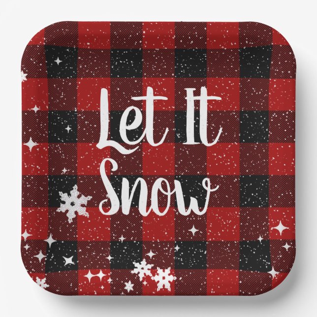 Lass es schneien Text auf Buffalo Plaid Pappteller (Vorderseite)