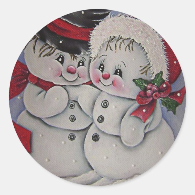 Lass es schneit. Snowman seine Freundin Runder Aufkleber (Vorderseite)