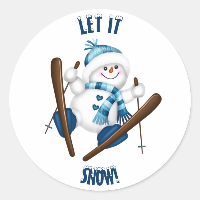 Lass es schneit! Snowman Skier Runder Aufkleber (Vorderseite)
