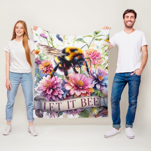 Lass es sein – Wasserfarben-Hummel-Frühlingsblumen Fleecedecke (Beispiel)