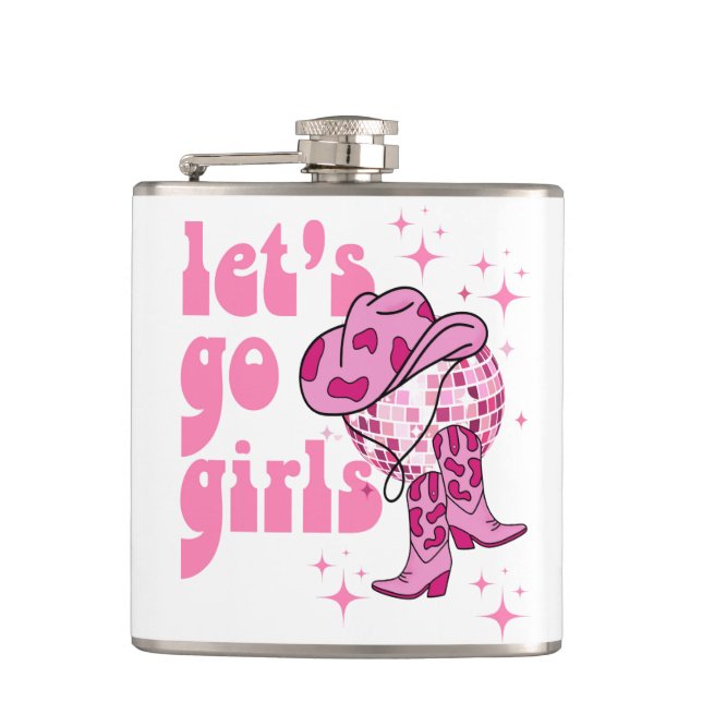 Lass Go Girls Disco Cowgirl Junggeselinnen-Abschie Flachmann (Vorderseite)