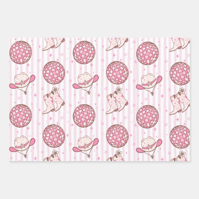 Lass Go Girls Disco Cowgirl Junggeselinnen-Abschie Geschenkpapier Set (Vorderseite)