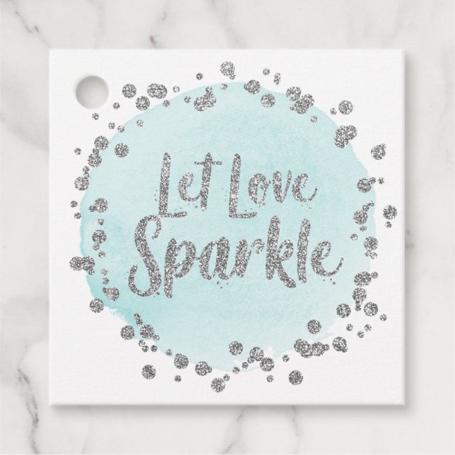 Lass Liebe Sparkle Silver Confetti auf Blue Weddin Geschenkanhänger (Vorderseite)