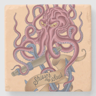 Lass meine Seele erschaudern   Tintenfisch-Tattoo Steinuntersetzer