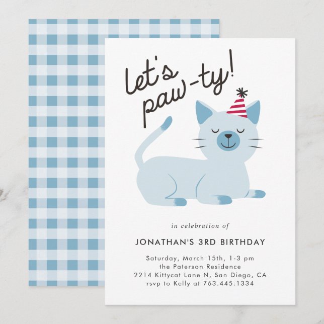 Lass Pawty Niedlich Kitty Cat Blue Birthday Party Einladung (Vorne/Hinten)