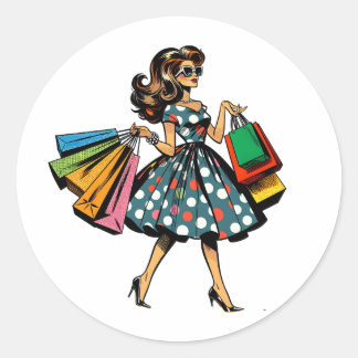 Lass uns einkaufen gehen! Funny Woman mit Taschen Runder Aufkleber