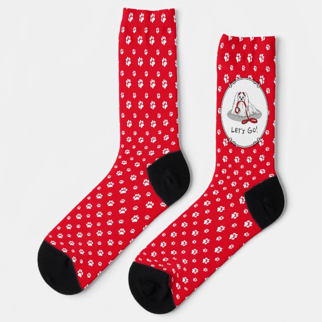 Lass uns gehen! Maltesischer Hund mit Red Leash Ni Socken (Linkes Detail)