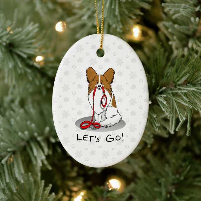 Lass uns gehen! (zu Fuß) Papillon (weiß & rot) Hun Keramik Ornament (Baum)