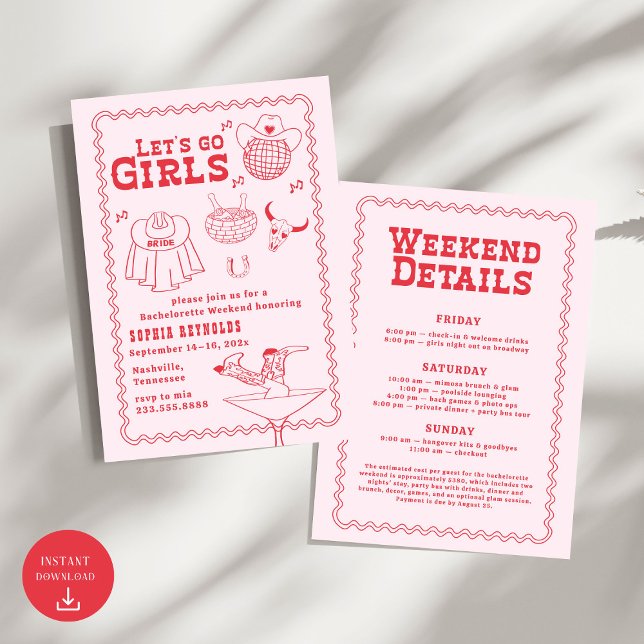 Lass uns Girls Cowgirl Pink und Red Bachelorette g Einladung (Von Creator hochgeladen)