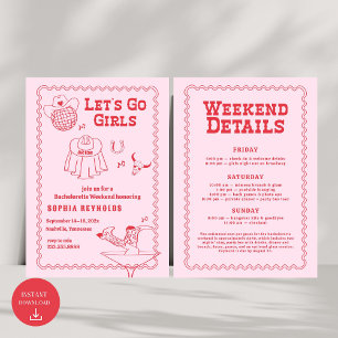Lass uns Girls Cowgirl Pink und Red Bachelorette g Einladung