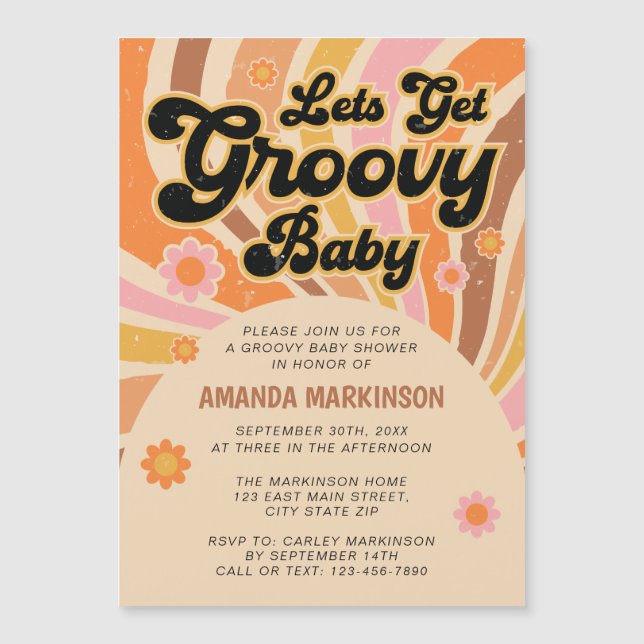 Lass uns Groovy Retro Baby Dusche holen Magneteinladung (Vorderseite)