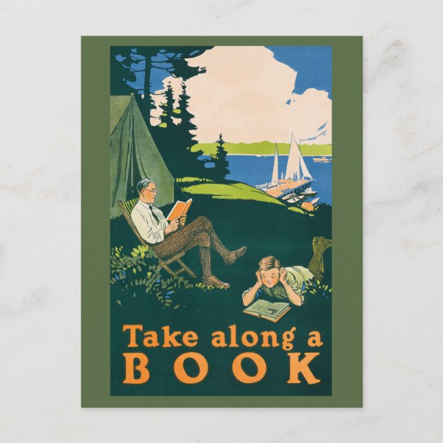 Lass uns ins Camping gehen und ein Buch lesen Postkarte (Vorderseite)